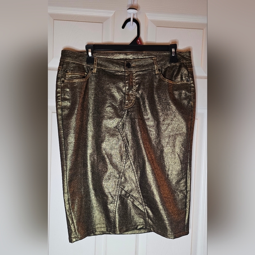 Bisou Bisou Gold Metallic Denim Pencil Skirt Y2K - Size 12